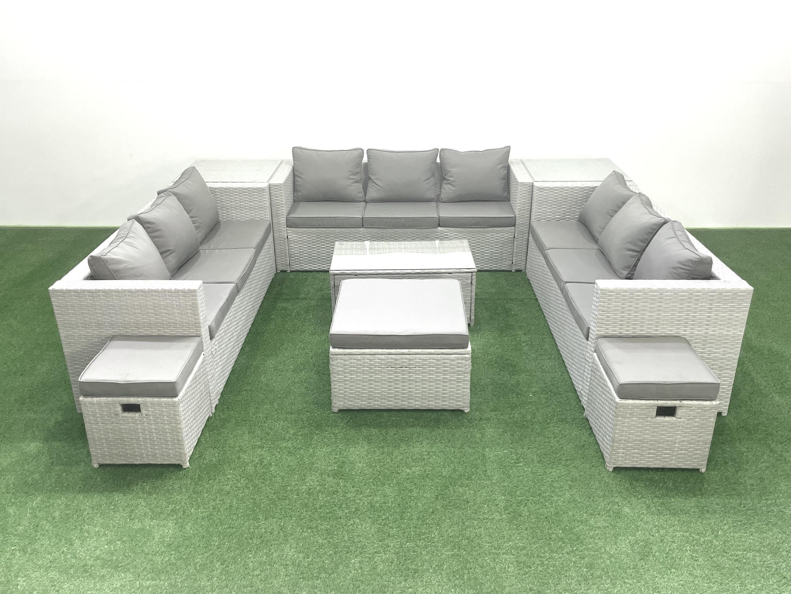 GARTENSET mit 3-SITZER SOFA,COUCHTISCH Polyrattan Hellgrau-Mix 12-Sitzer - Hellgrau/Grau, Glas/Kunststoff - Fimous