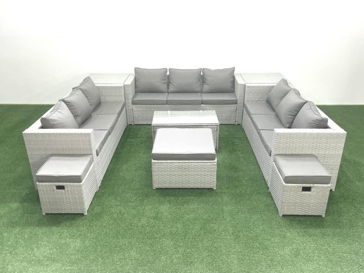 GARTENSET mit 3-SITZER SOFA,COUCHTISCH Polyrattan Hellgrau-Mix 12-Sitzer - Hellgrau/Grau, Glas/Kunststoff - Fimous