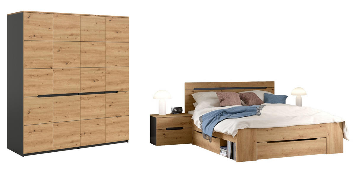 SCHLAFZIMMER Eiche Artisan, grau 4-teilig, Set mit Kleiderschrank, Bett und 2x Nachttisch - Eiche Artisan/Grau, Holzwerkstoff/Metall - Inn.Furn