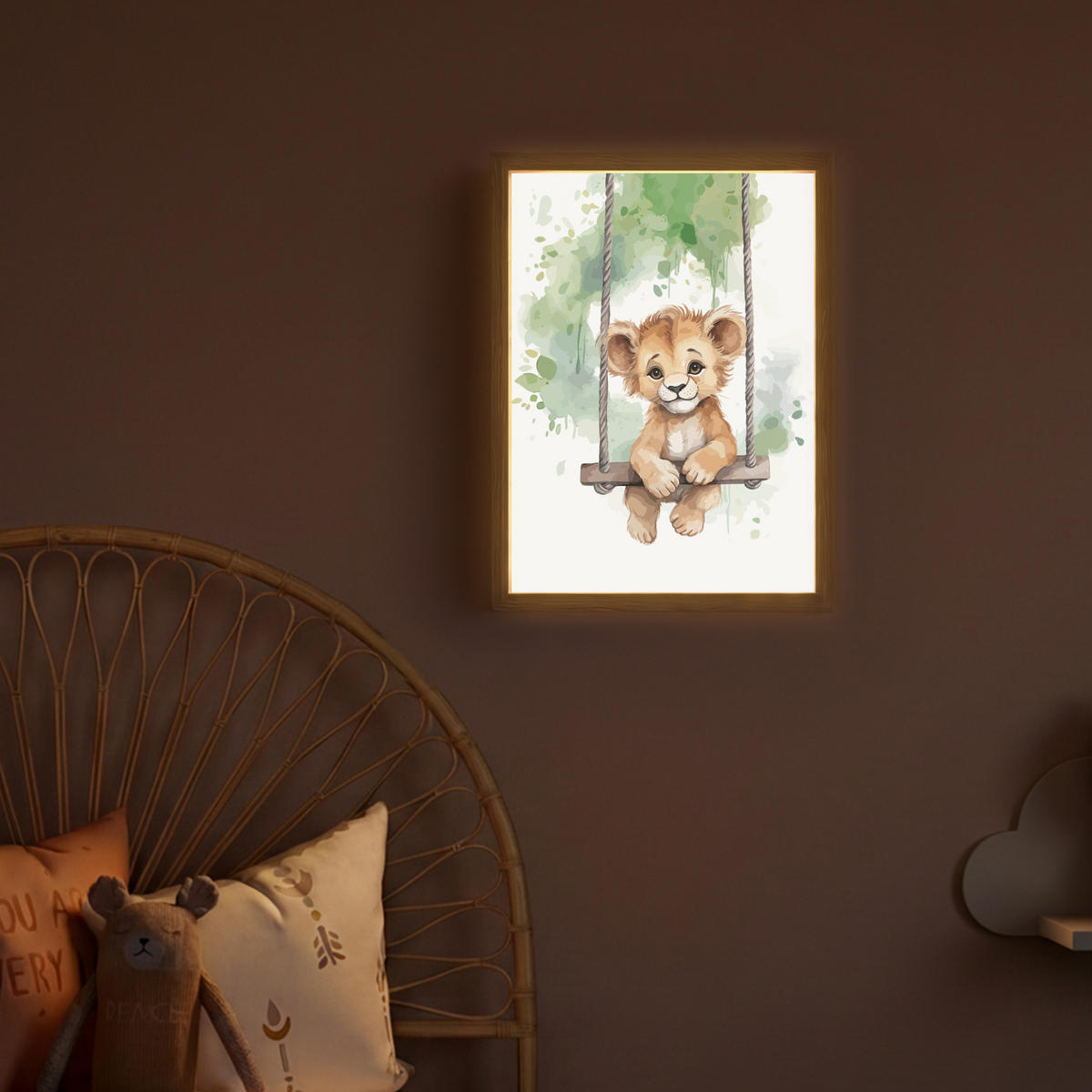 NACHTTISCHLAMPE MIT AKKU Löwe - Tier - Kinder - Dschungel 30x40 cm - Weiß, Holzwerkstoff (8/30/40cm) - OnlyWow