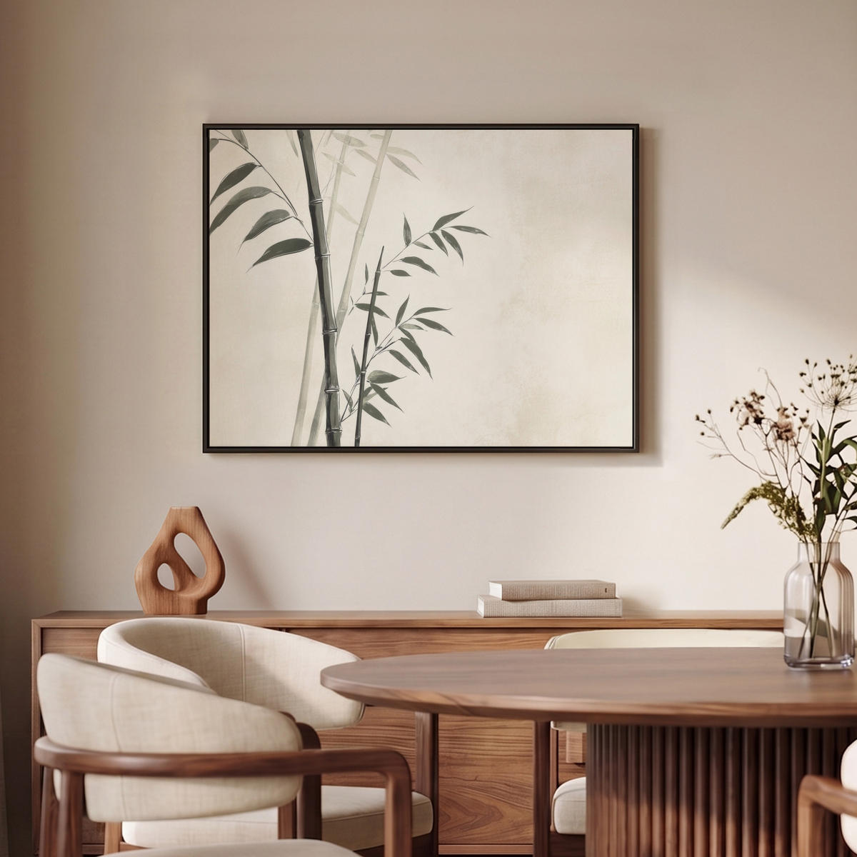 LEINWAND Bilder mit Rahmen - Japandi - Bambus - Beige - 80x60 - Eukalyptusholzfarben, Textil (80/60cm) - MuchoWow