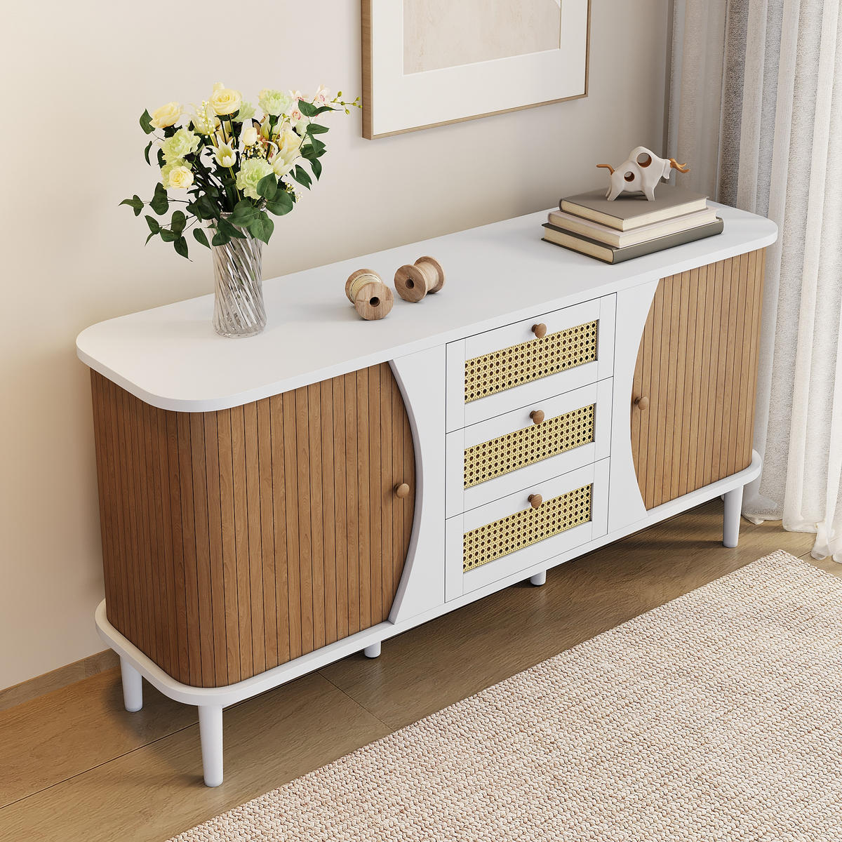 SIDEBOARD in Weiß und Rattan 140,5/40/76 cm - Weiß, Holzwerkstoff (40/76/140.5cm) - Urban Meuble