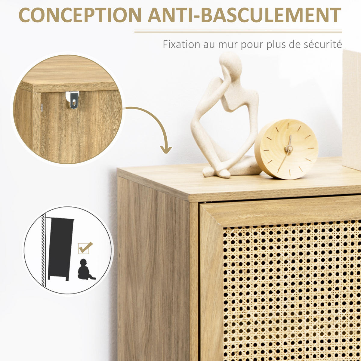 SIDEBOARD Holzoptik mit Rattan-Geflecht, 80/39/70 cm - Naturfarben, Holz (80/70/39cm) - PANGIVO