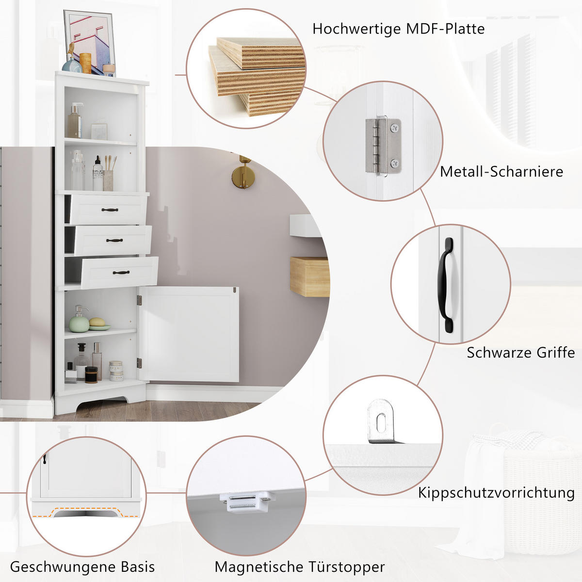 ECKSCHRANK BADEZIMMER Weiß mit 3 Schubladen & offenen Fächern - Weiß, Holzwerkstoff (57.7/167.5/46cm) - Urban Meuble
