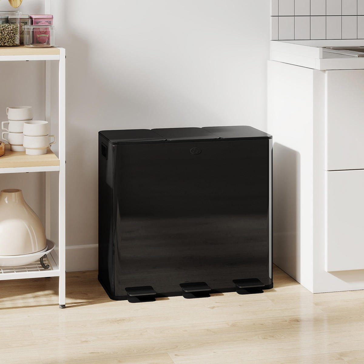 MÜLLTRENNSYSTEM 3 FÄCHER 60L 61,9/36,6/56,7 cm Edelstahl Schwarz Treteimer - Schwarz, Metall (36.6/56.7/61.9cm) - Rolipo
