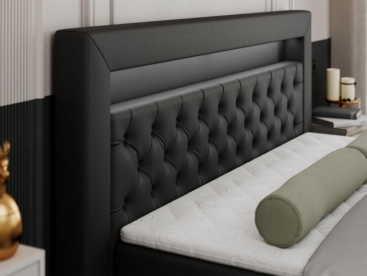 BOXBETT GOLD-9 LED 200/200 Schwarz Kunstleder - H3 - Schwarz, Holz/Textil (200/200cm) - MKS