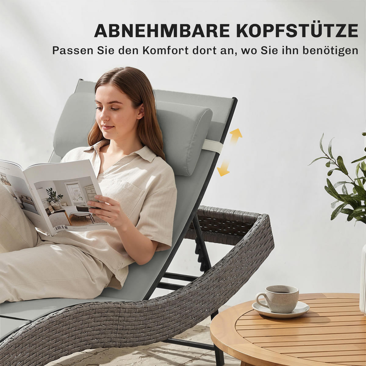 RATTAN-SONNENLIEGE PE-Rattan Metall Hellgrau - Hellgrau, Textil/Metall (61/44/198cm) - Outsunny