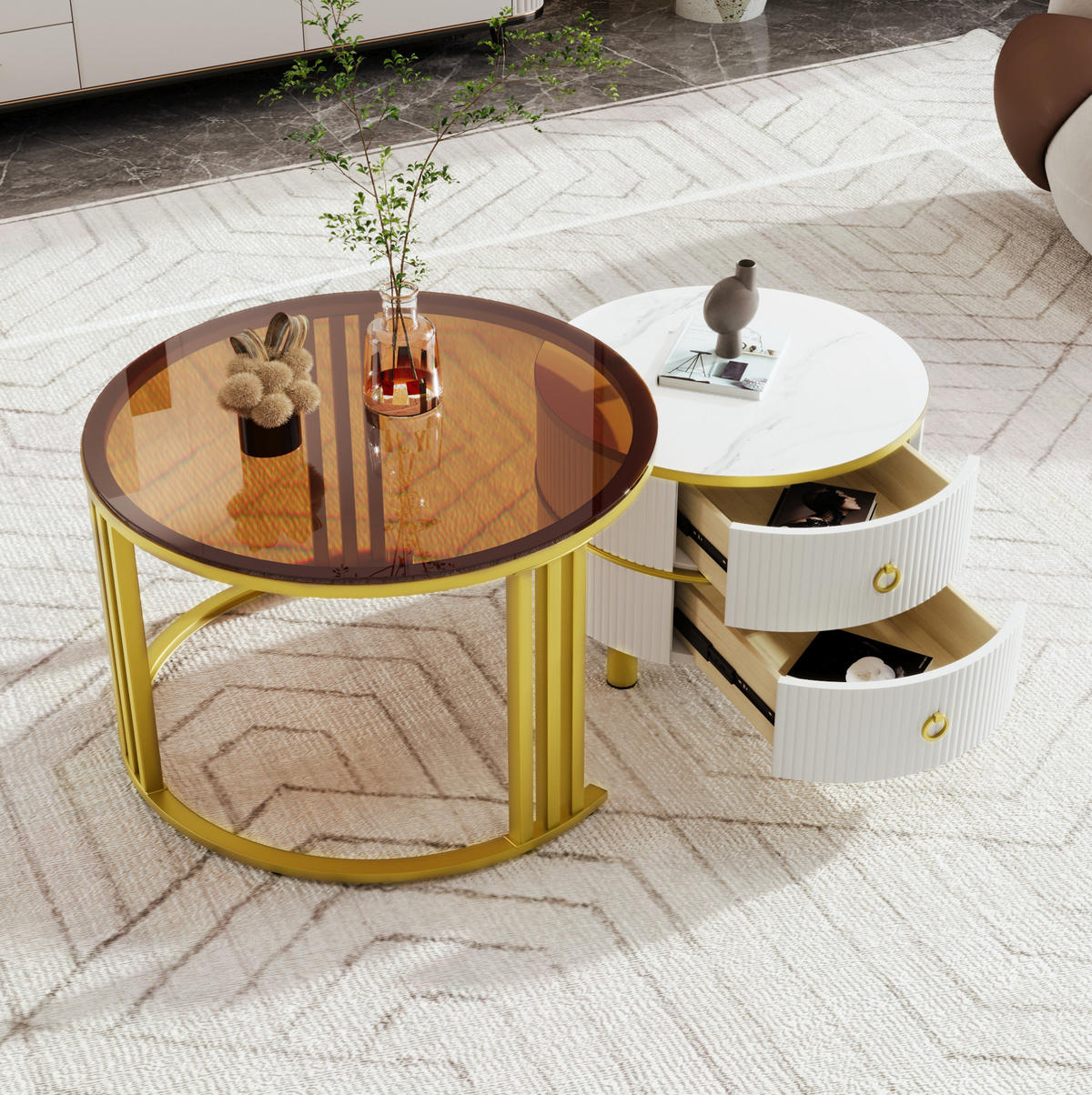 COUCHTISCH 70/70/45 cm und 50/50/40 cm Weiß aus MDF und Glas mit Stauraum - Weiß, Holzwerkstoff (70/70/45cm) - OKMYHOME