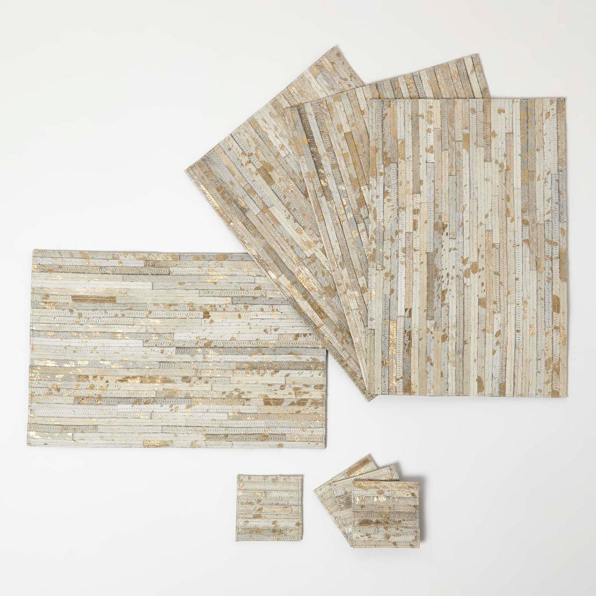 TISCHSET 4er-Set grau-gold, Patchwork-Streifen, Fell & Leder, 30/46 cm - Grau, Leder (30/46cm) - Homescapes