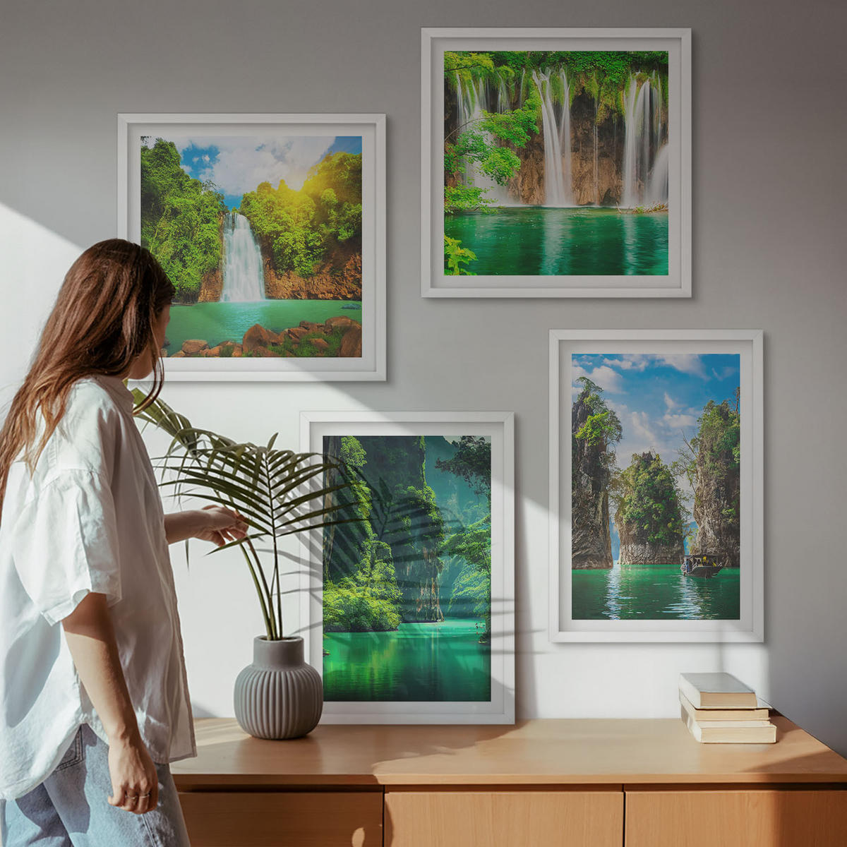 BILDER SET 4er Set - 50x50 cm & 40x60 cm Weißer Rahmen - Grüne Landschaften, Wasserfälle - Weiß, Kunststoff (50/50cm) - TULUP