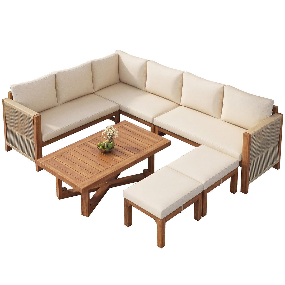 LOUNGESET 227/175/67 cm beige aus Akazienholz modular mit Kissen - Beige, Holzwerkstoff - OKWISH