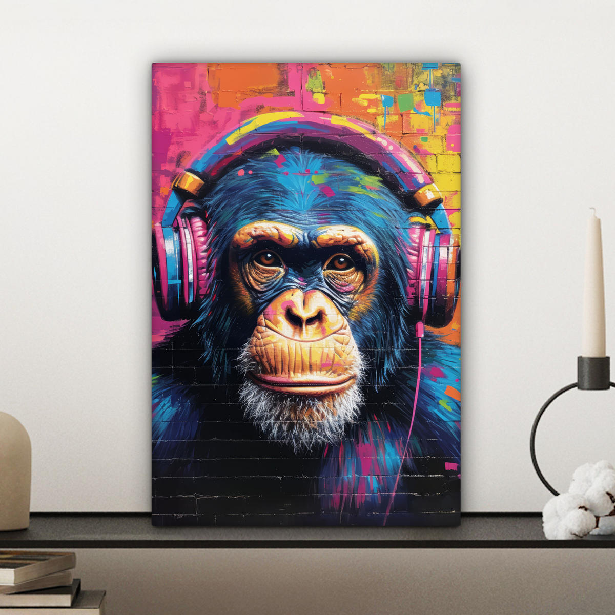 LEINWANDBILD Graffiti - Schimpanse - Straßenkunst - Kopfhörer - Affe Deko Wohnzimmer 20x30 cm - Blau, Textil (20/30cm) - MuchoWow