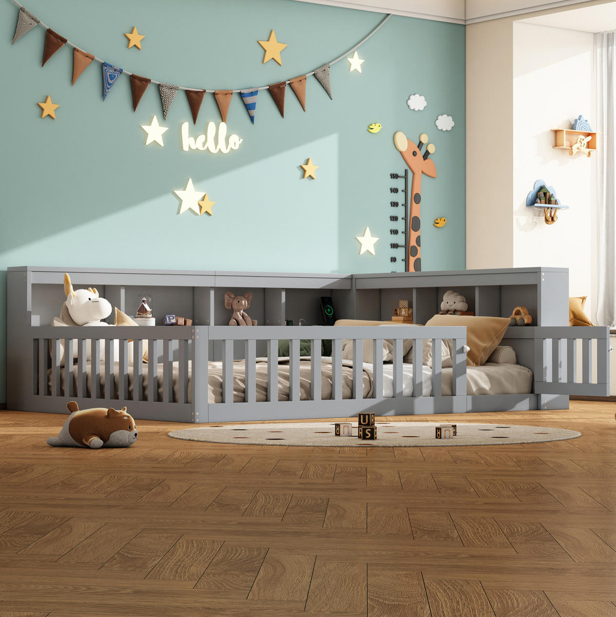 KINDERBETT 140/190 cm Grau mit Stauraum, Lattenrost und Steckdose mit USB - Grau, Holzwerkstoff (140/190cm) - Flora Grace