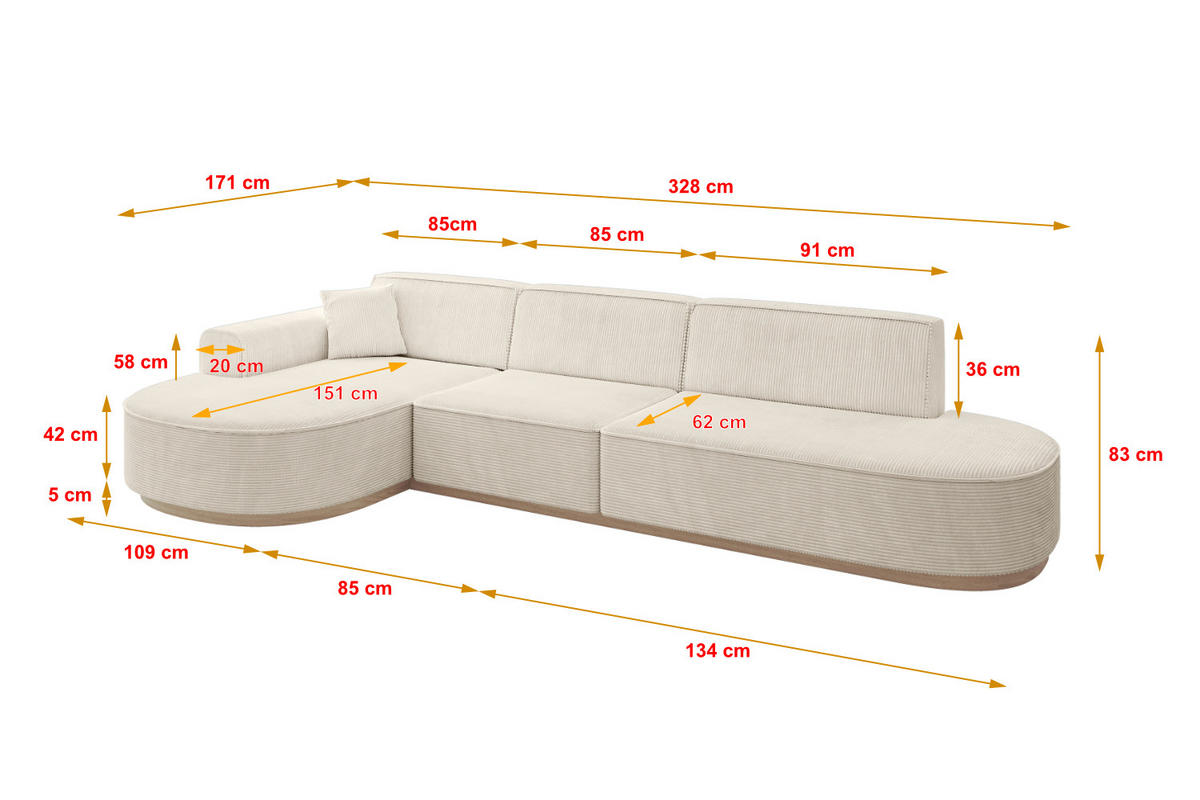 ECKSOFA Ottomane Links MARI-L2-v1 - 328x171x83 cm Beige Cord - Beige, Holzwerkstoff/Textil (328/171cm) - ALTDECOR