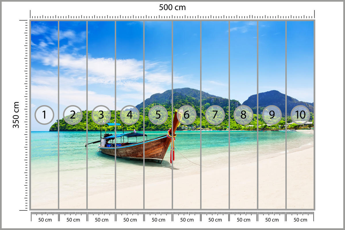 FOTOTAPETE für Schlafzimmer Boot Tropenstrand Palmen Meer 500x350 - Türkis/Blau, Papier (500/350cm) - Muralo
