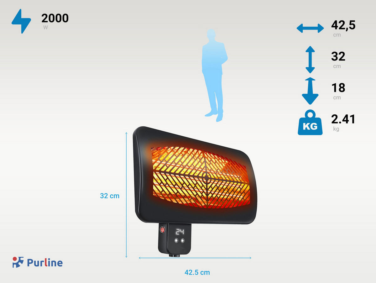 HALOGEN-HEIZUNG für Wandmontage Schwarz für Außenbereich und Bad 2000 W - Schwarz, Kunststoff/Metall (43/32/18cm) - Purline
