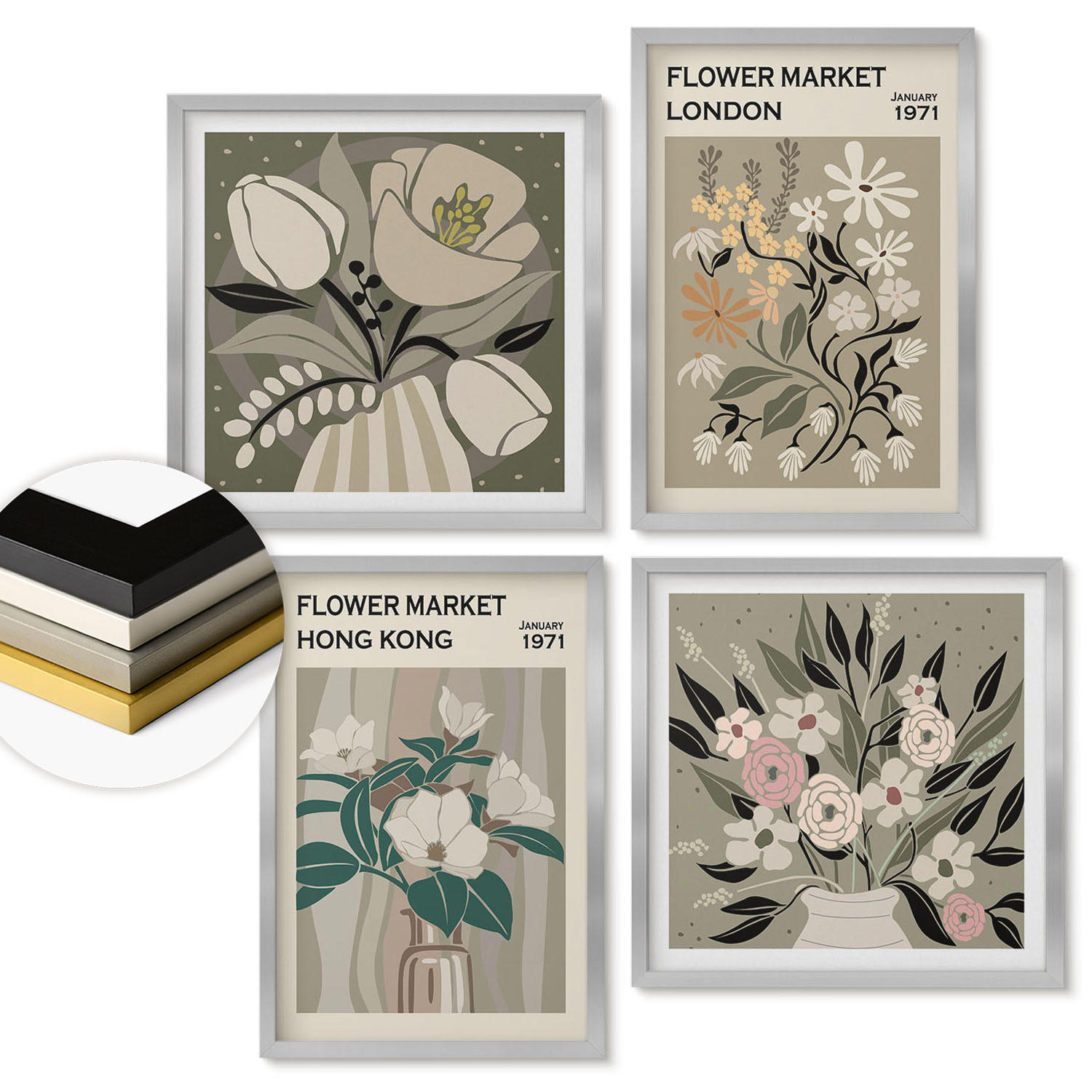 WANDBILDER 4er Set - 50x50 cm & 40x60 cm Silberner Rahmen - Blumenillustrationen London Hongkong - Silberfarben, Kunststoff (50/50cm) - ArtPrintCave