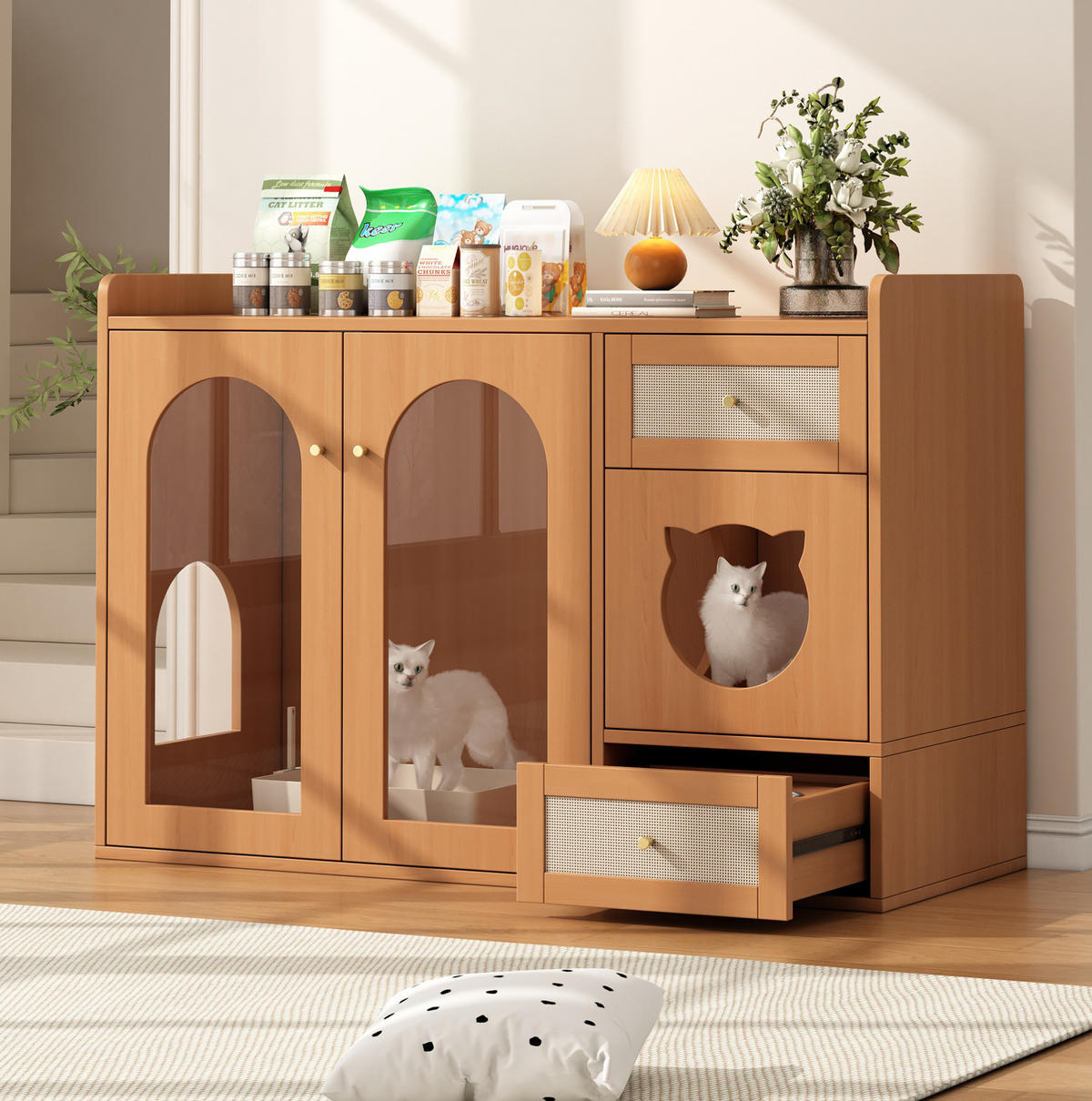 SIDEBOARD 120/45/76 cm in Nussbaum-Optik mit Glastür & Futternapf-Schublade - Walnussfarben, Holzwerkstoff (120/83/45cm) - BEAOK