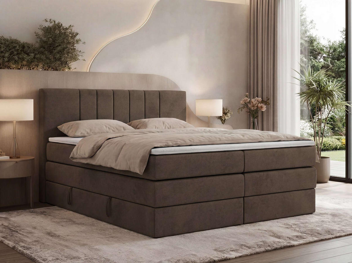 BOXSPRINGOVÁ POSTEĽ INERO KING 160/200 - Hnedá Samet - Topper Visco - H3 (stredne tvrdý) - hnedá/čierna, textil/plast (160/200cm) - MKS