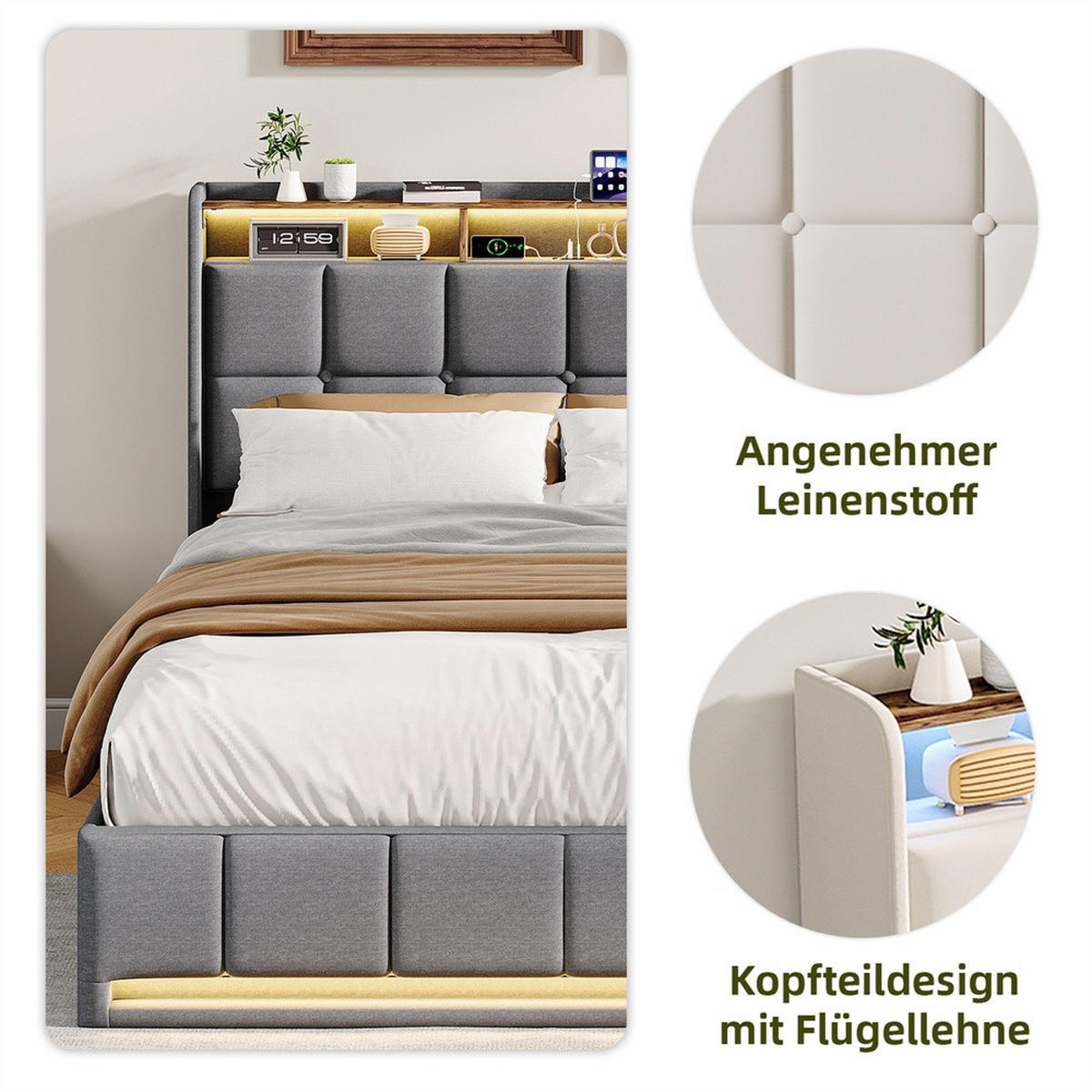 POLSTERBETT 140x200 cm mit LED-Beleuchtung und hydraulischem Stauraum - ohne Matratze - Grau - Grau, Textil (140/200cm) - DELFA