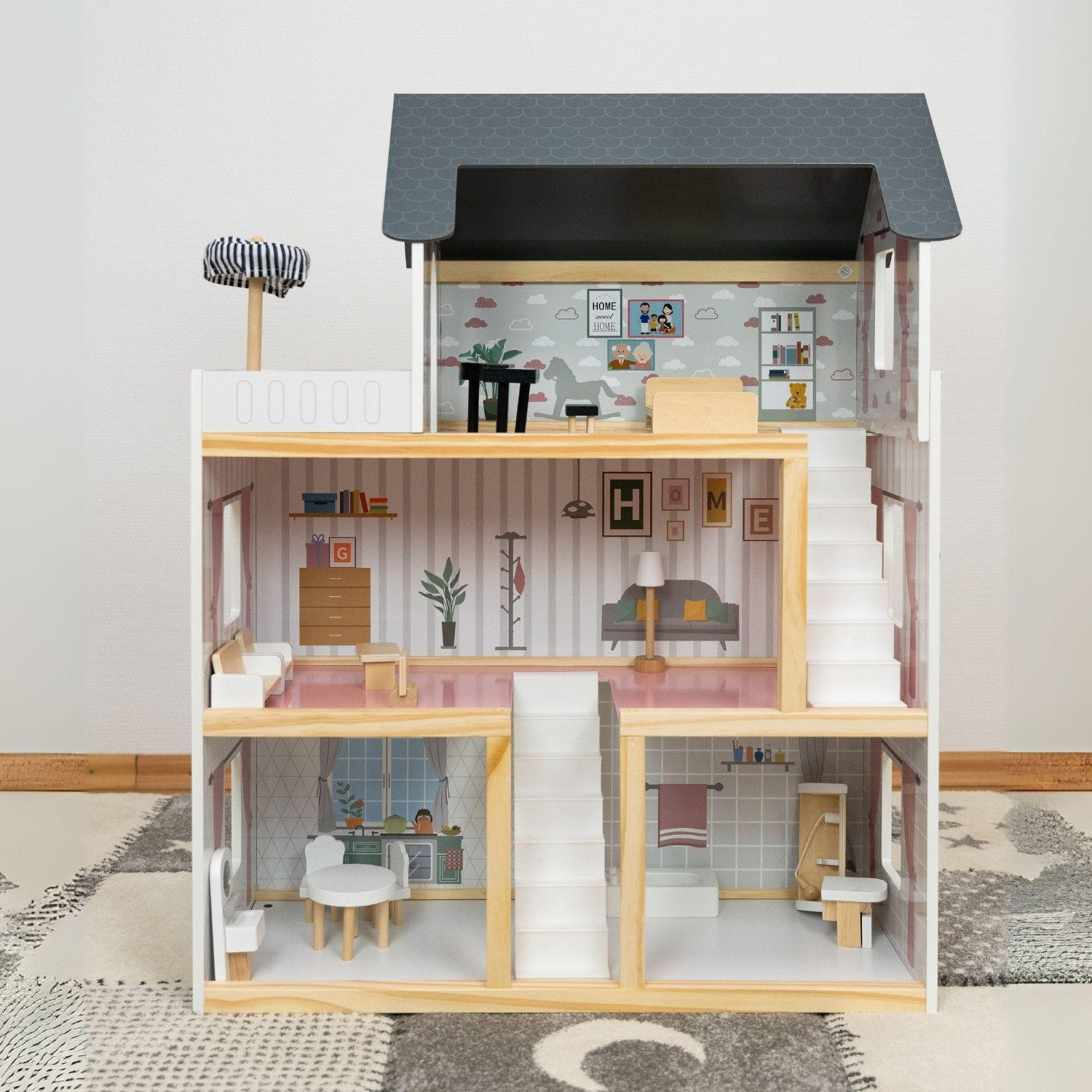 PUPPENHAUS LARA Holz Villa möbliert 3 Etagen - Weiß, Holzwerkstoff (27/78/62cm) - Coemo