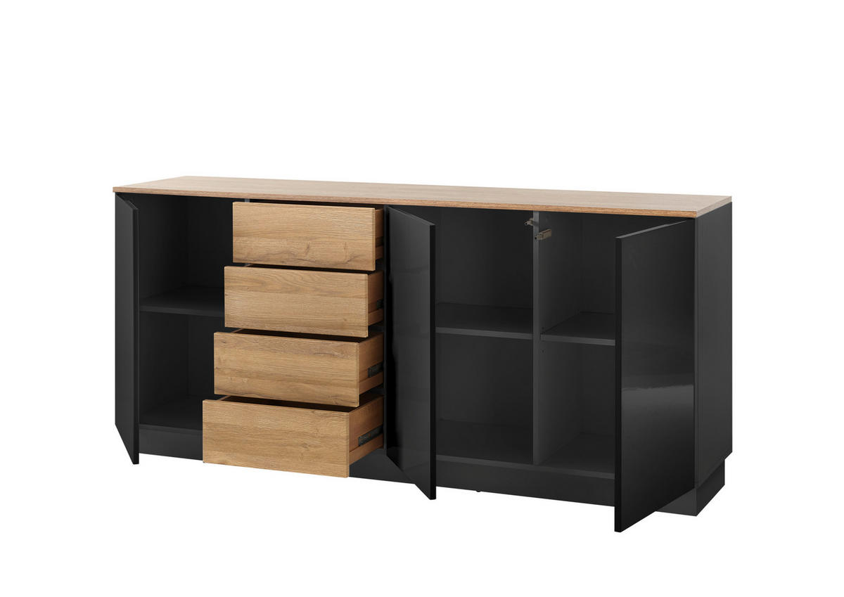 SIDEBOARD M14 Schwarz Hochglanz & Grandson Oak hell 181/85/43 cm breit - Schwarz Hochglanz, Holzwerkstoff (181/85/43cm) - Livojo