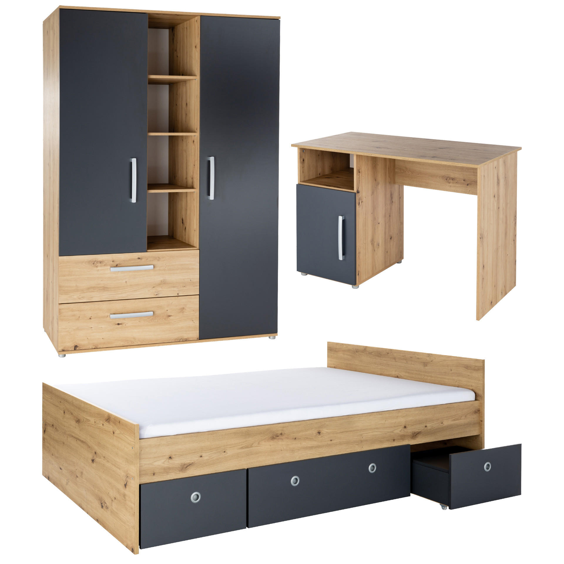 JUGENDZIMMER SET 4-tlg. Alessio - Eichefarben/Anthrazit, Holzwerkstoff/Kunststoff (1/1/1cm) - arthur berndt