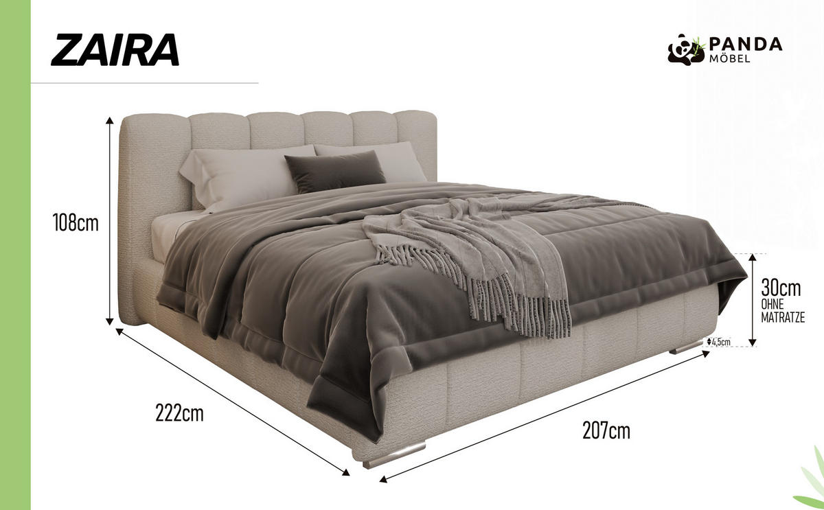 POLSTERBETT Zaira 180 x 200 cm mit Bettkasten und Lattenrost taschenfederkernmatratze mit kokos 19cm - taupe - Taupe, Holz (180/200cm) - Panda Möbel