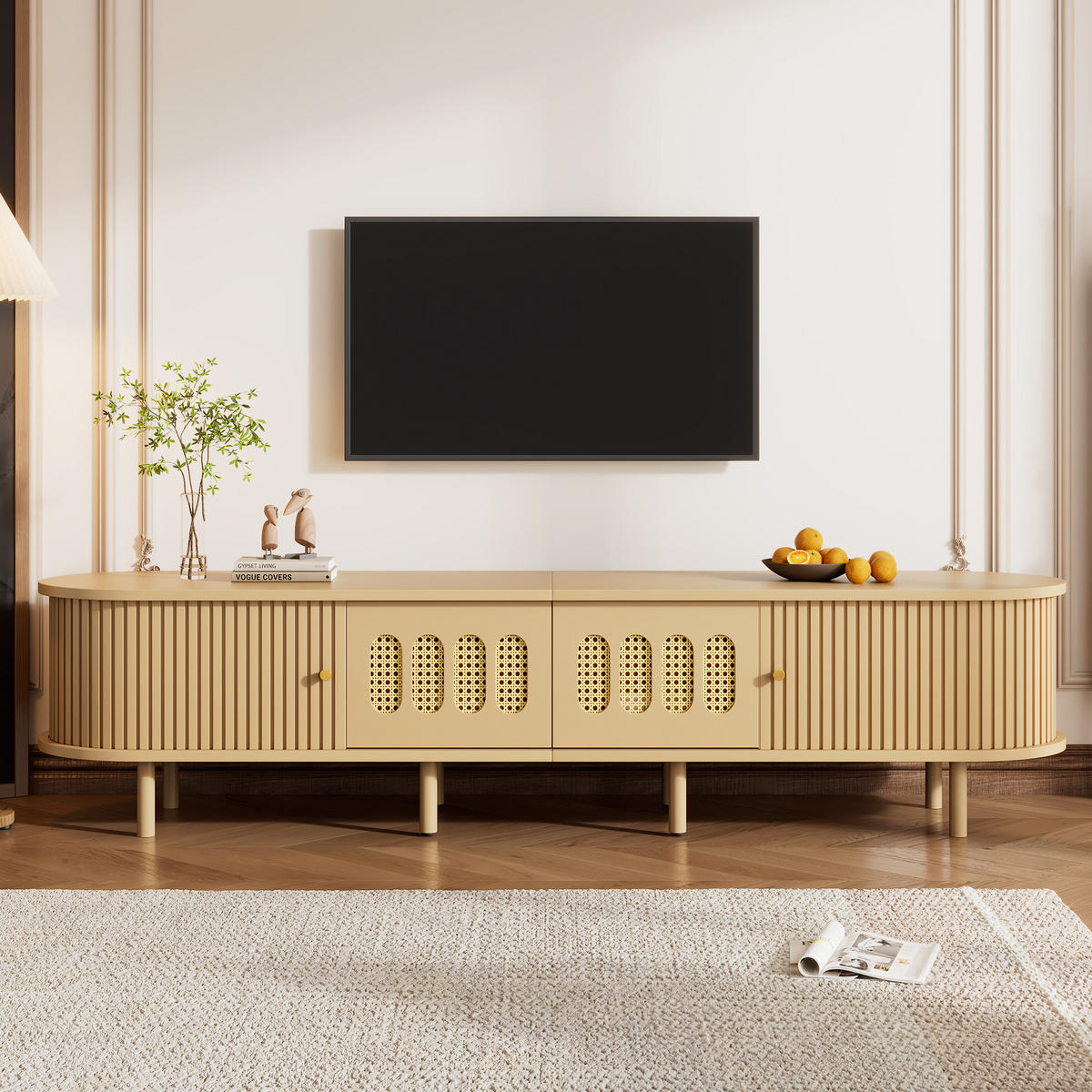 TV-SCHRANK 180/40/40 cm Helles Holz mit Rattan, 2 Türen und 2 Rolltüren - Naturfarben, Holzwerkstoff (180/40/40cm) - Oxeza