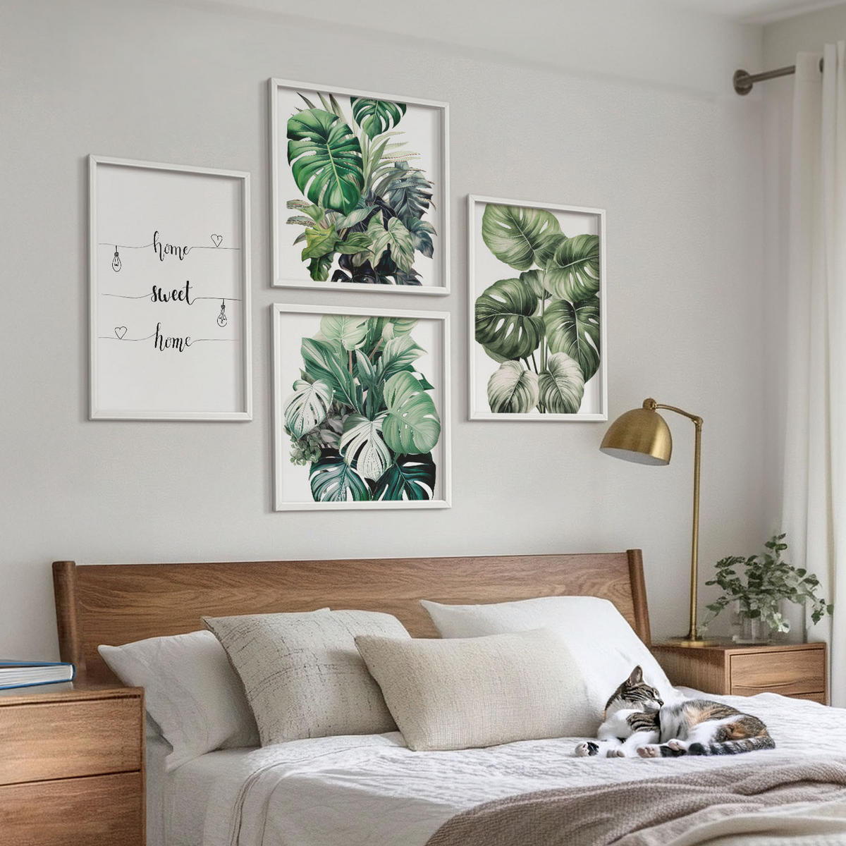 WANDBILDER 4er-Set - 50x50 cm & 40x60 cm Weißer Rahmen - Aquarell-Monstera-Blätter - Weiß, Kunststoff (50/50cm) - ArtPrintCave