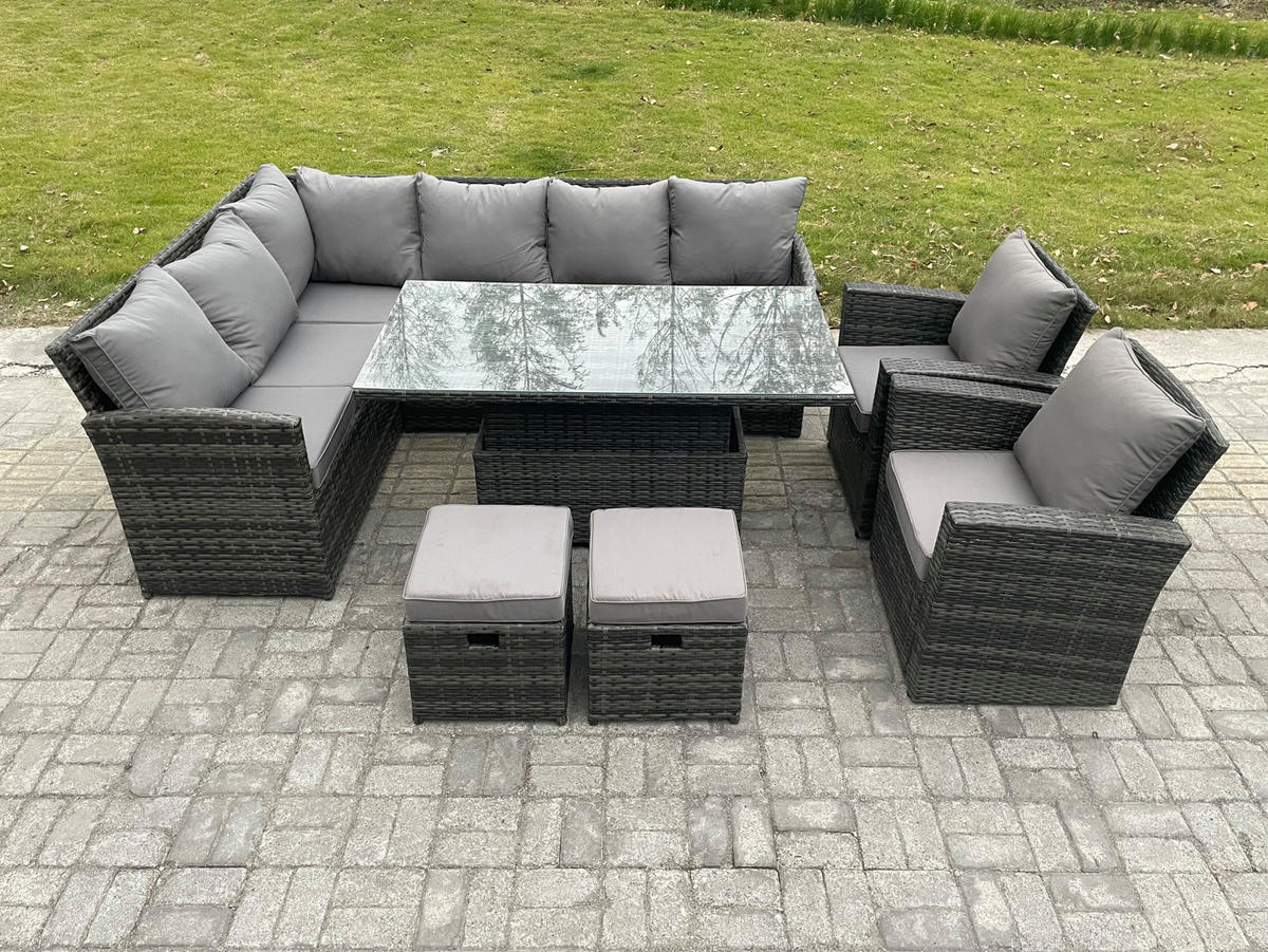 GARTENSET mit Höhenverstellbarer Tisch, Fußhocker, 2 Stühle Polyrattan Dunkelgrau 10-Sitzer - Dunkelgrau/Grau, Glas/Kunststoff - Fimous
