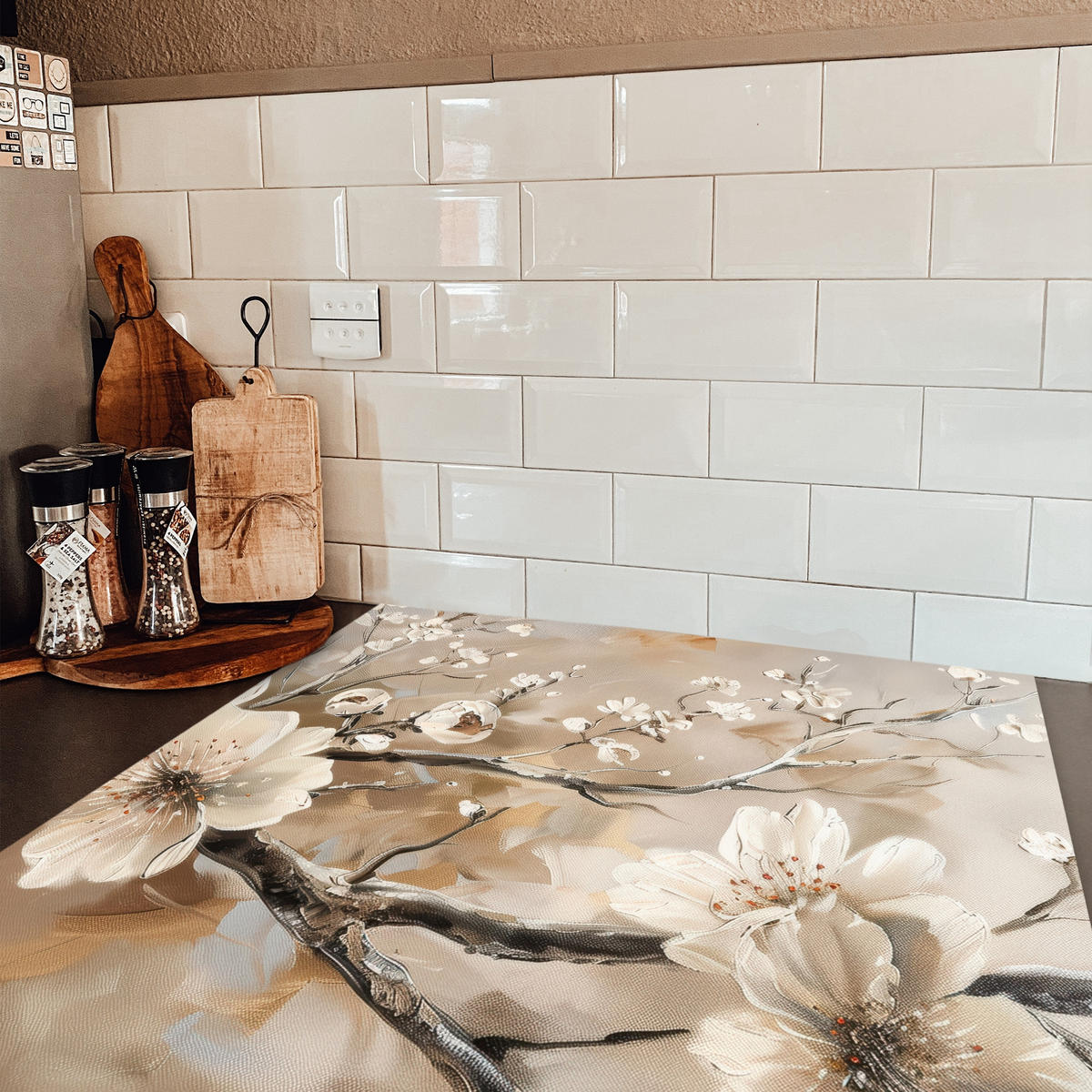 HERDABDECKPLATTE Blumen - Abstrakt - Gemalt - Beige 78x78 cm - Beige, Kunststoff (78/78/0.2cm) - MuchoWow