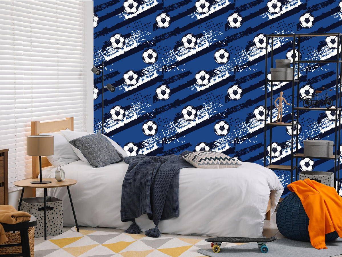 VLIESTAPETE Fußbälle und Farbspuren – Blau, Schwarz, Weiß – 50x1000 cm - Blau/Schwarz, Papier (50/1000cm) - Muralo
