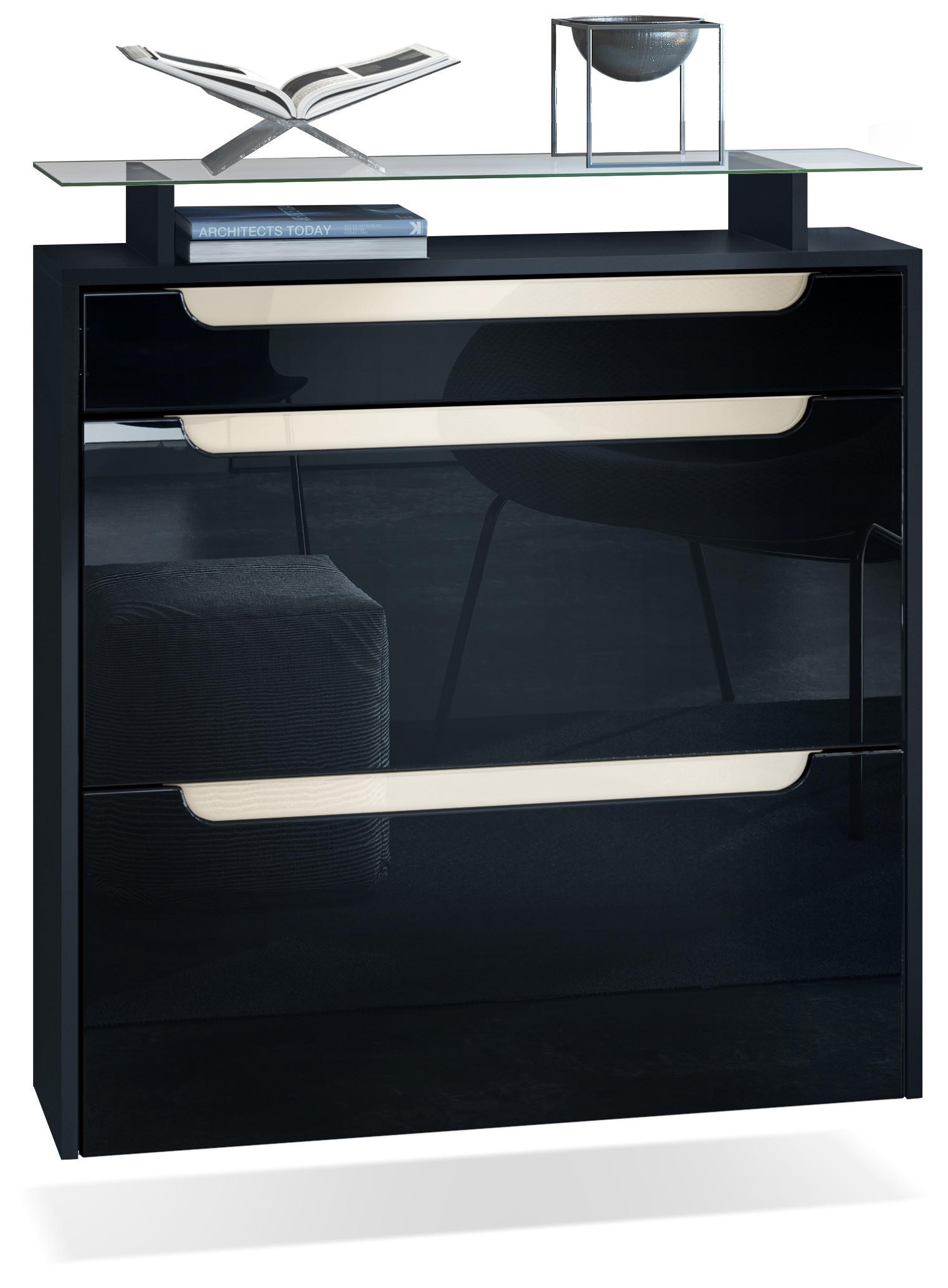 Vladon Schuhschrank Schwarz Hochglanz, Creme 89x96x23 cm