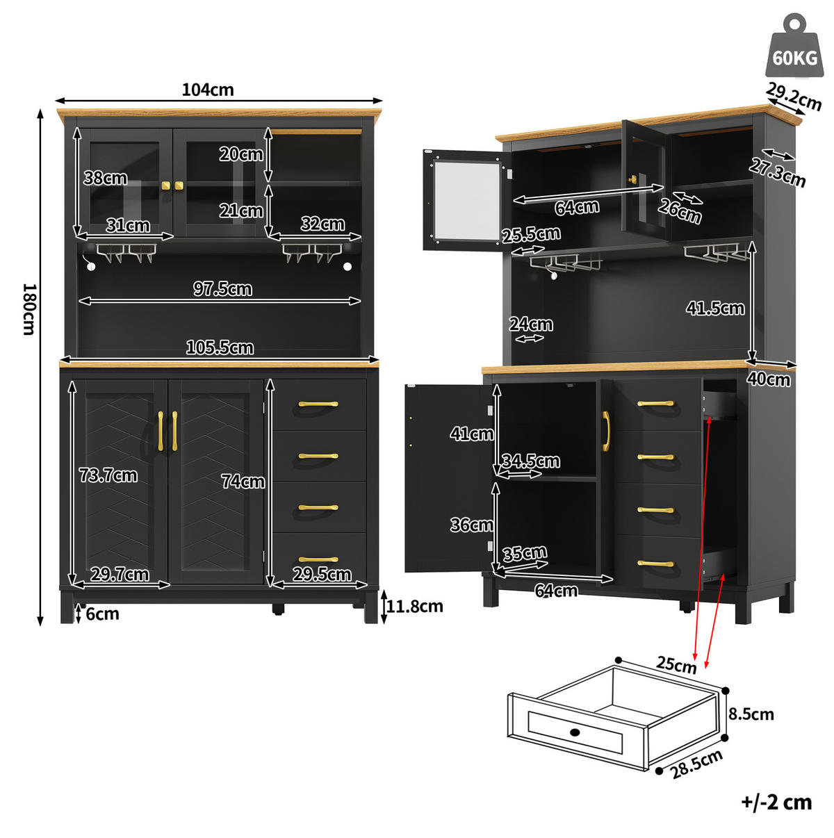 BUFFET 105,5/40/180 cm mit 4 Türen, Schubladen & LED-Lichtleiste - Schwarz, Holzwerkstoff (105.5/180/40cm) - BEAOK