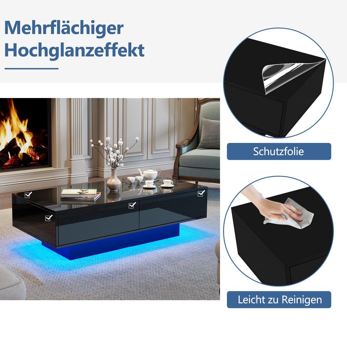 COUCHTISCH DE-185 Schwarz mit LED und 2 Schubladen - Schwarz, Holzwerkstoff (55/115/34cm) - ComfortXL