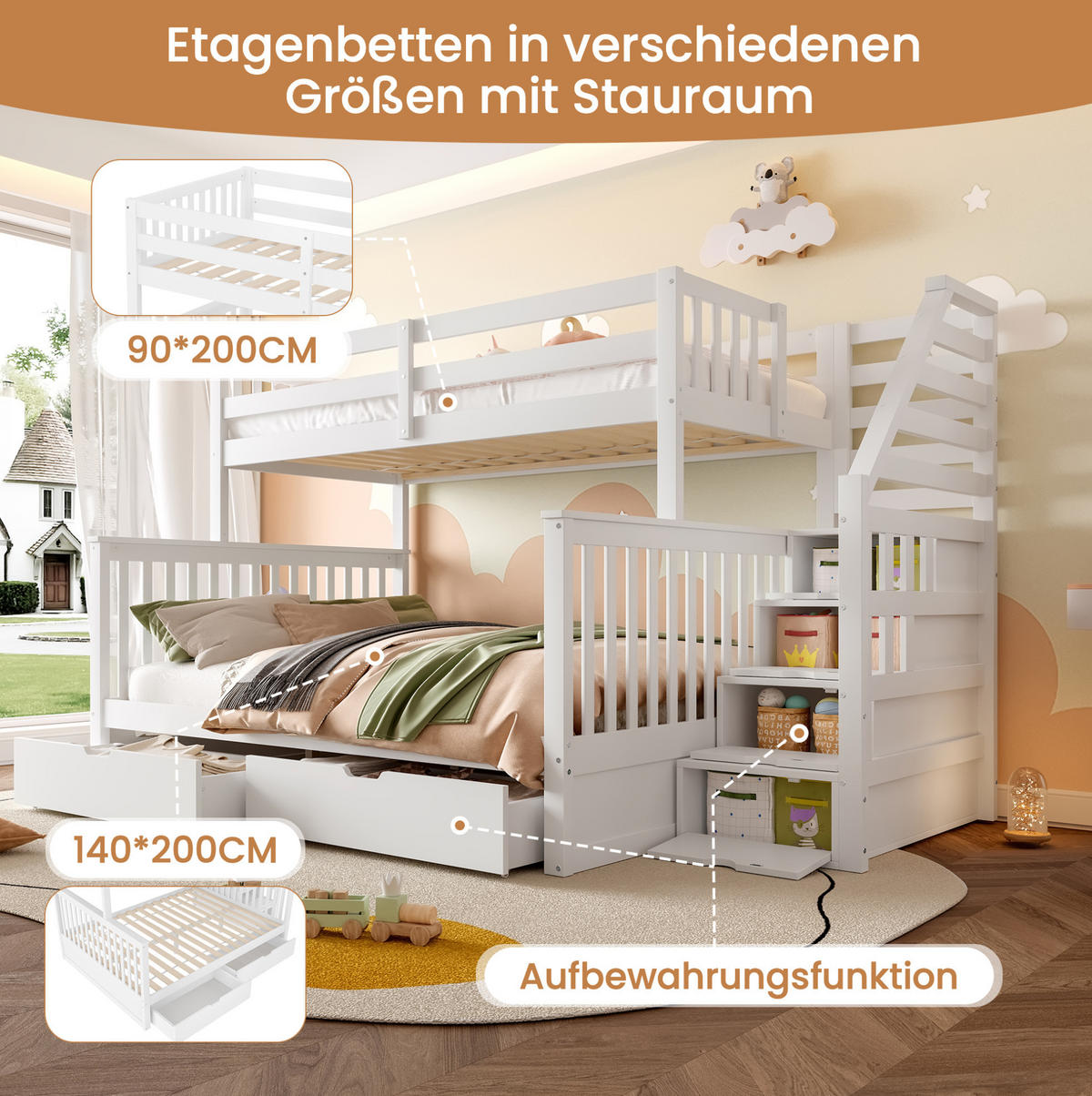 ETAGENBETT 90/200 und 140/200 cm aus Kiefer mit Schubladen in Weiß - Weiß, Holzwerkstoff (90/200cm) - Flora Grace
