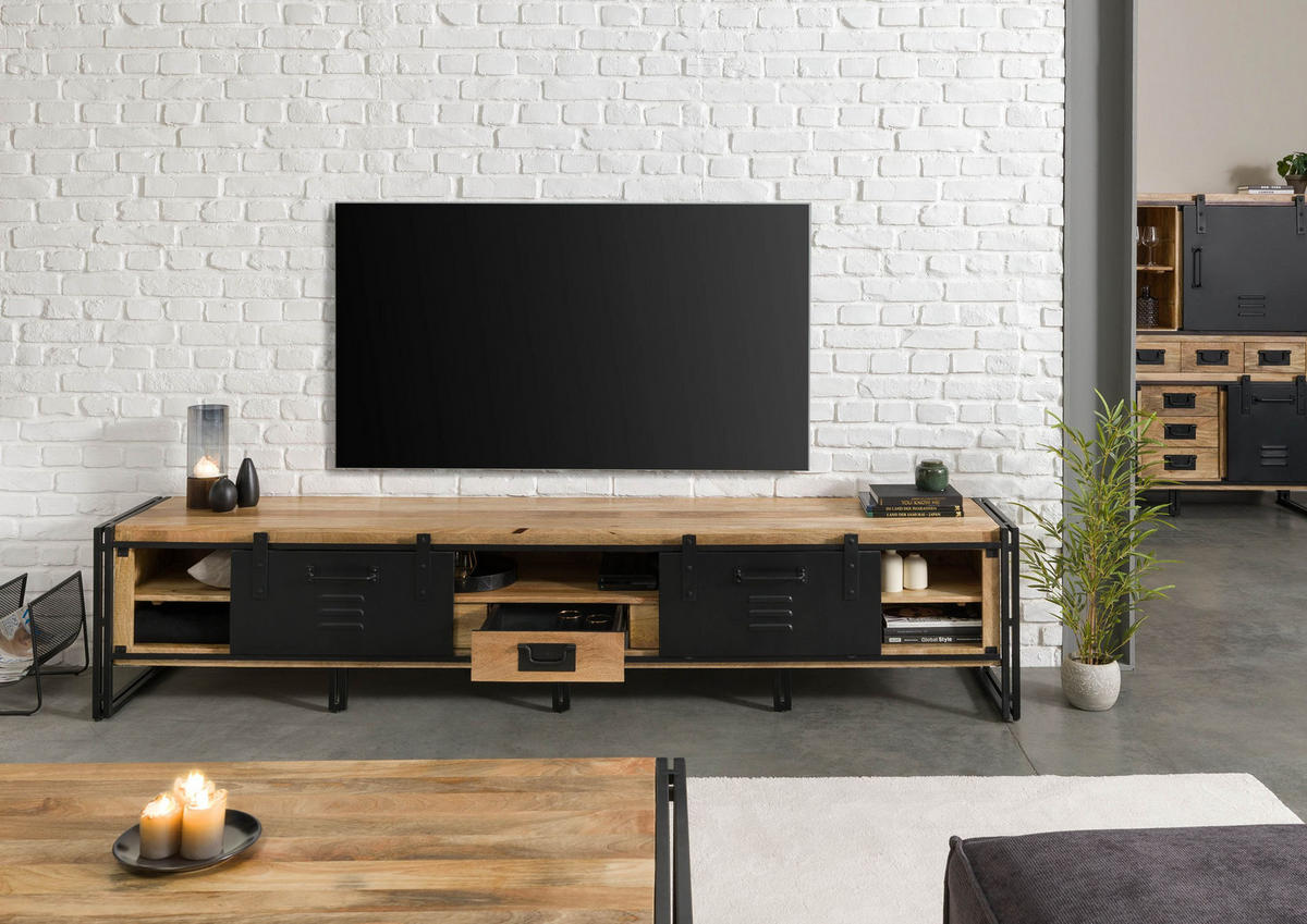 TV-BOARD Mango 260x45x55 natur klar lackiert / Metall schwarz BLACKBURN #553 - Naturfarben, Holz (45/55/260cm) - Massivmoebel24