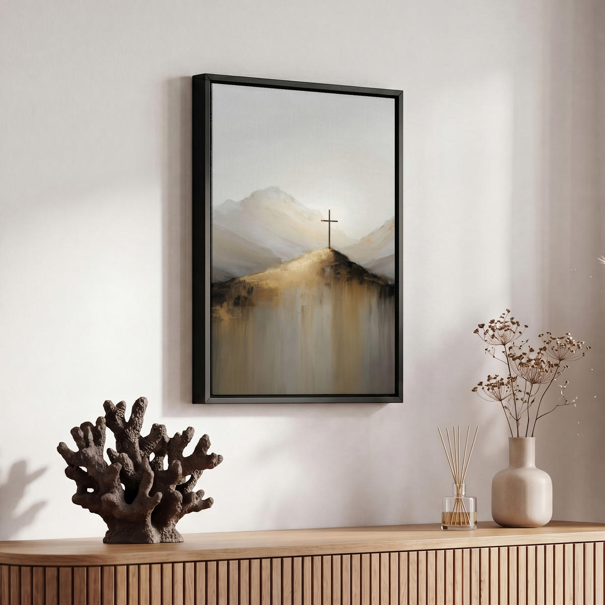 LEINWAND Bilder mit Rahmen - Hügel - Abstrakt - Kreuz - Christentum - 20x30 - Beige, Textil (20/30cm) - MuchoWow