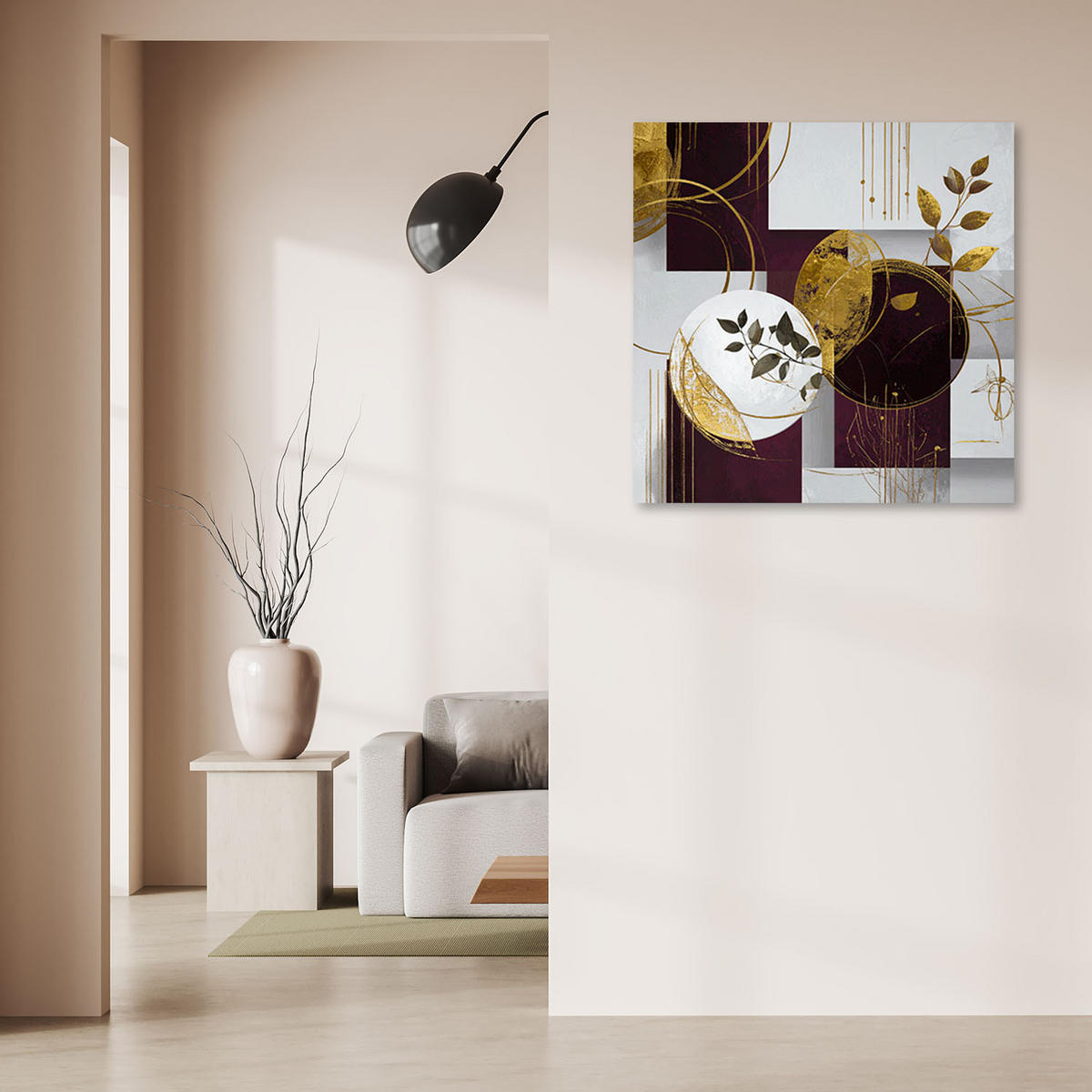 BILD auf Leinwand, Abstrakt Kreise und Blätter in Bordeauxrot Grau und Gold - Rot, Textil (20/20cm) - Feeby