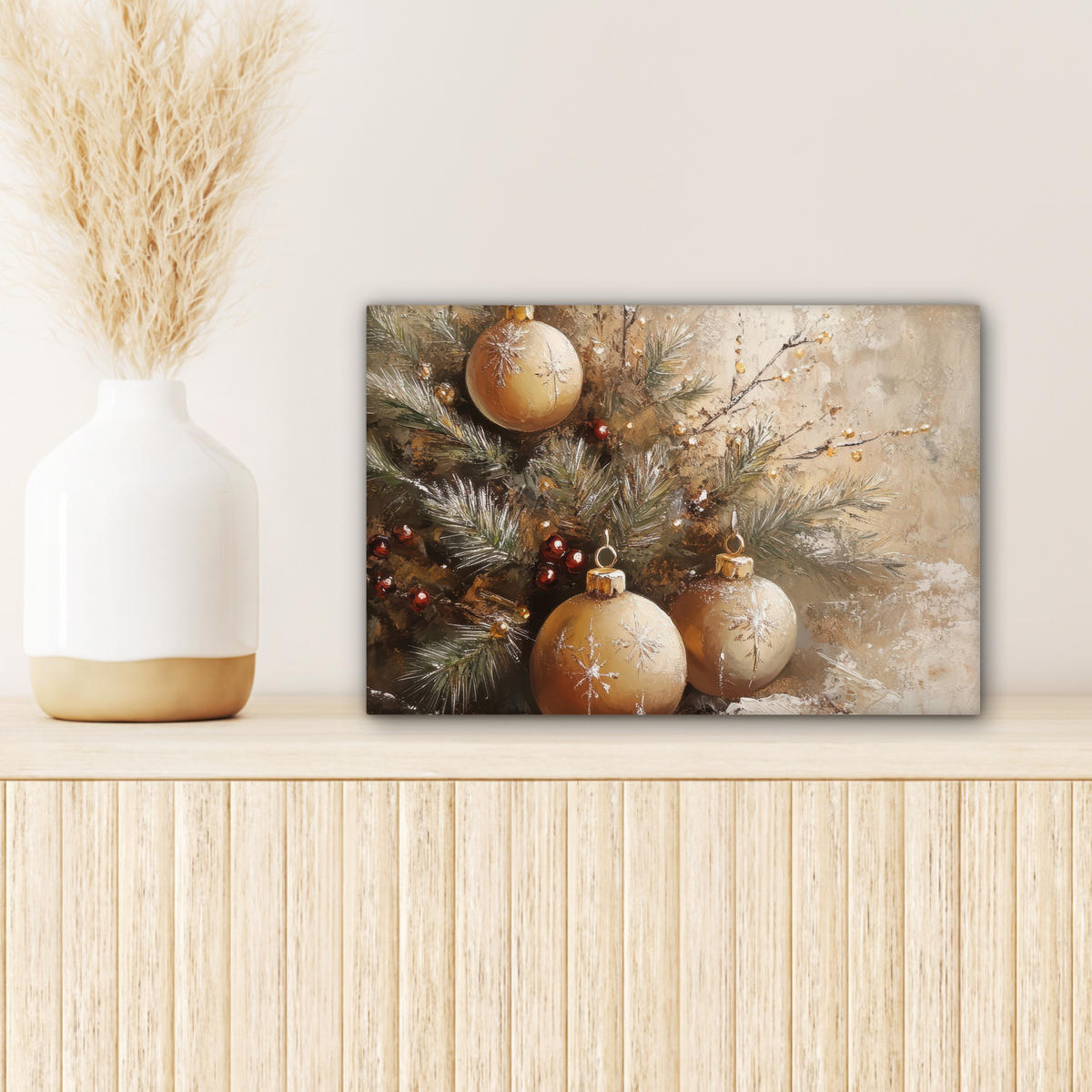 LEINWANDBILD Weihnachten - Kugeln - Beige - Gold Deko Schlafzimmer 30x20 cm - Goldfarben, Textil (30/20cm) - MuchoWow