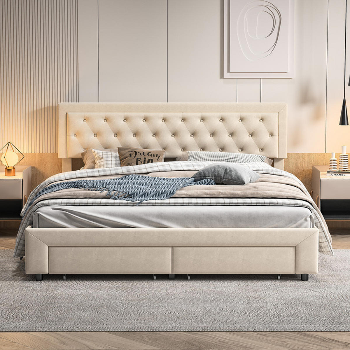 POLSTERBETT 160x200cm, Beige, Samt, mit Schubladen und Lattenrost, ohne Matratze - Beige, Holz (160/200cm) - WoodenAura