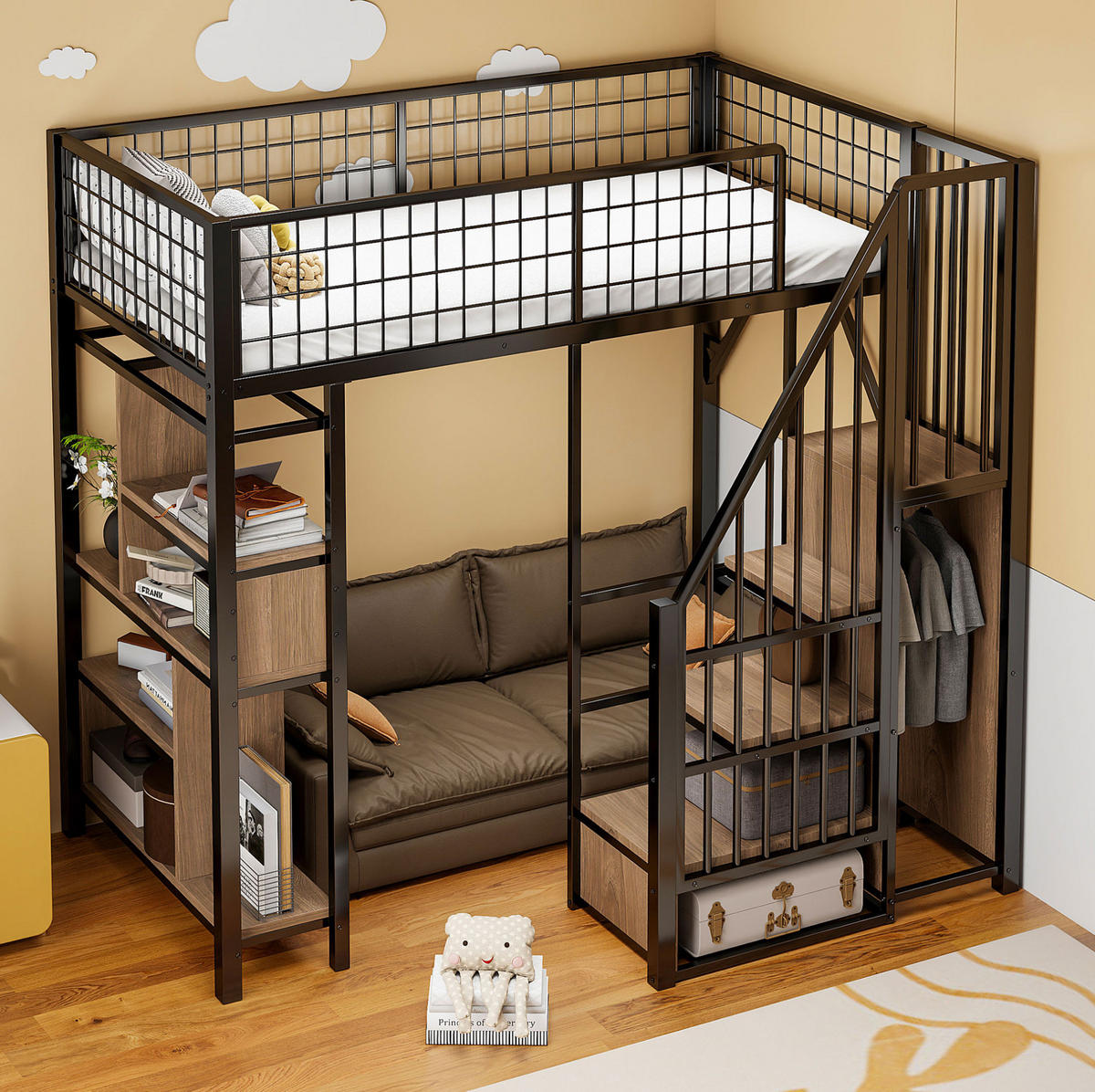 HOCHBETT 90/200 cm Schwarz aus Metall und Holzwerkstoff mit Stauraumtreppe - Schwarz, Metall (90/200cm) - OKMYHOME