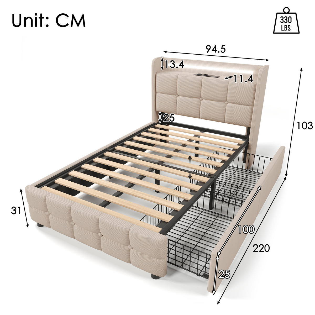 POLSTERBETT 220/94,5/103,5 cm beige aus Holz mit USB, LED, Matratze - Beige, Holzwerkstoff (90/200cm) - OKWISH