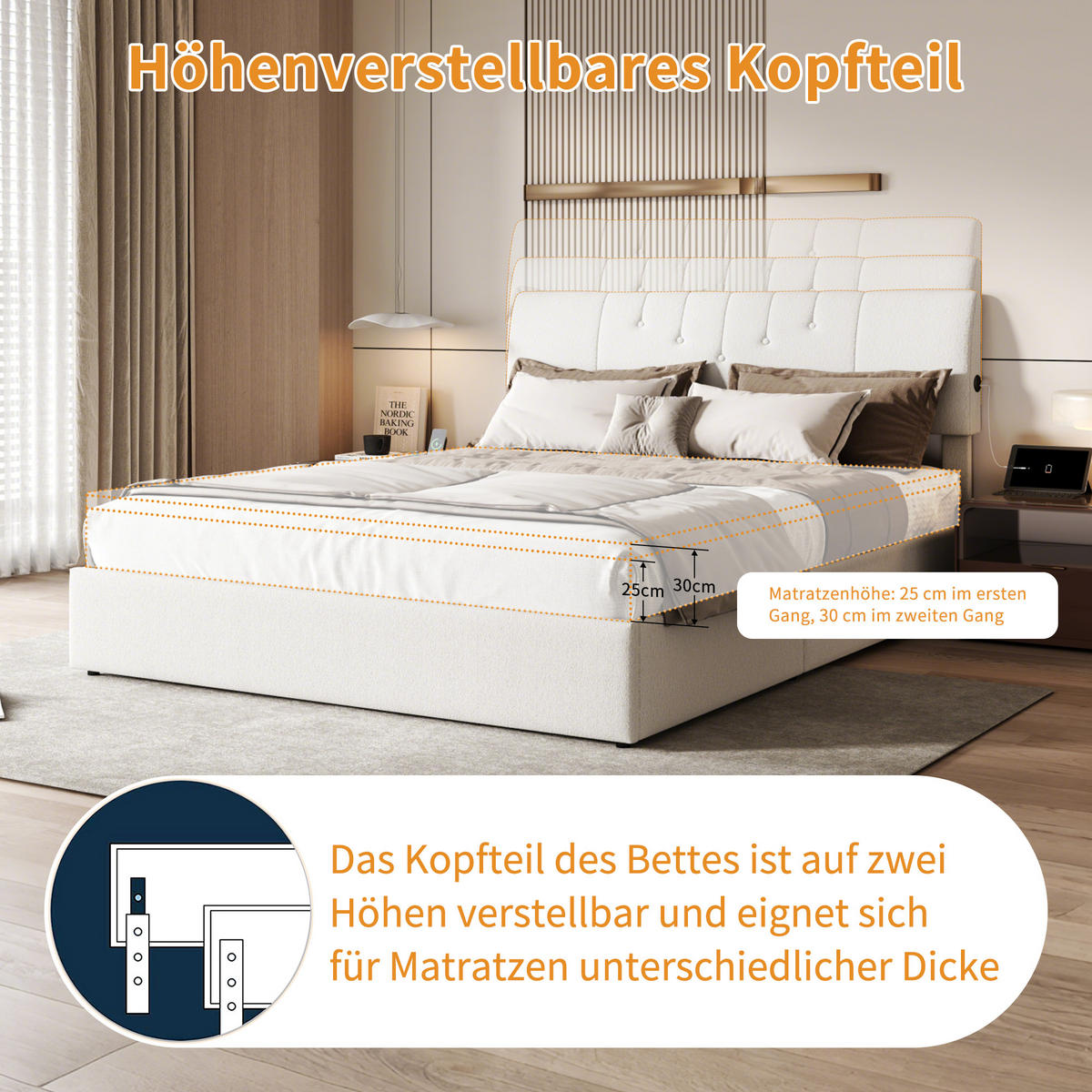 POLSTERBETT 140/200 cm Weiß mit hydraulischem Stauraum, LED-Kopfteil mit USB-C und USB-Anschluss - Weiß, Metall (140/200cm) - EuroLiving