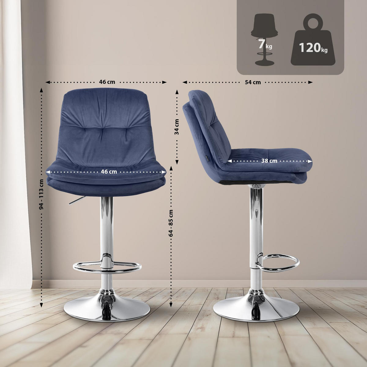BARHOCKER Samt blau - Blau/Schwarz, Textil (46/94/54cm) - CLP