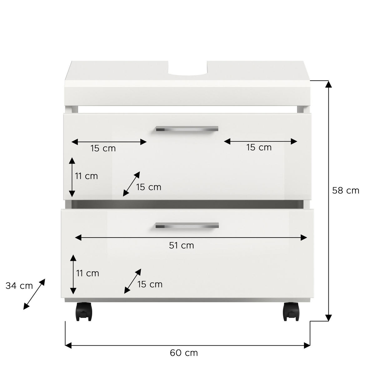 WASCHBECKENUNTERSCHRANK auf Rollen SCOUT (B/H/T: ca. 60/60/34 cm) in Weiß/weiß hochglanz - Weiß, Holzwerkstoff (60/60/34cm)