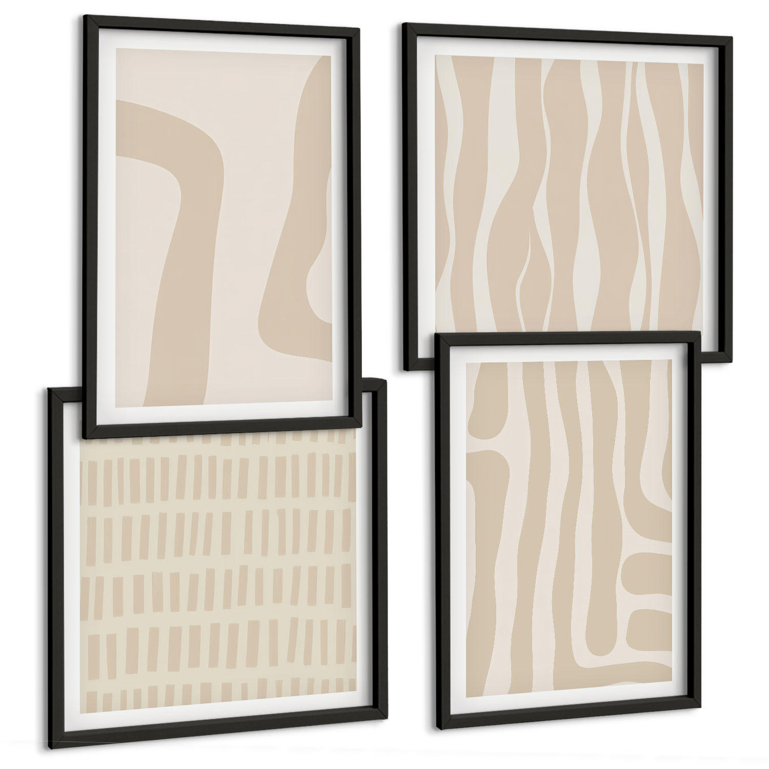 BILDER SET 4er Set - 50x50 cm & 40x60 cm Schwarzer Rahmen - Abstrakte Boho-Musterformen - Schwarz, Kunststoff (50/50cm) - TULUP