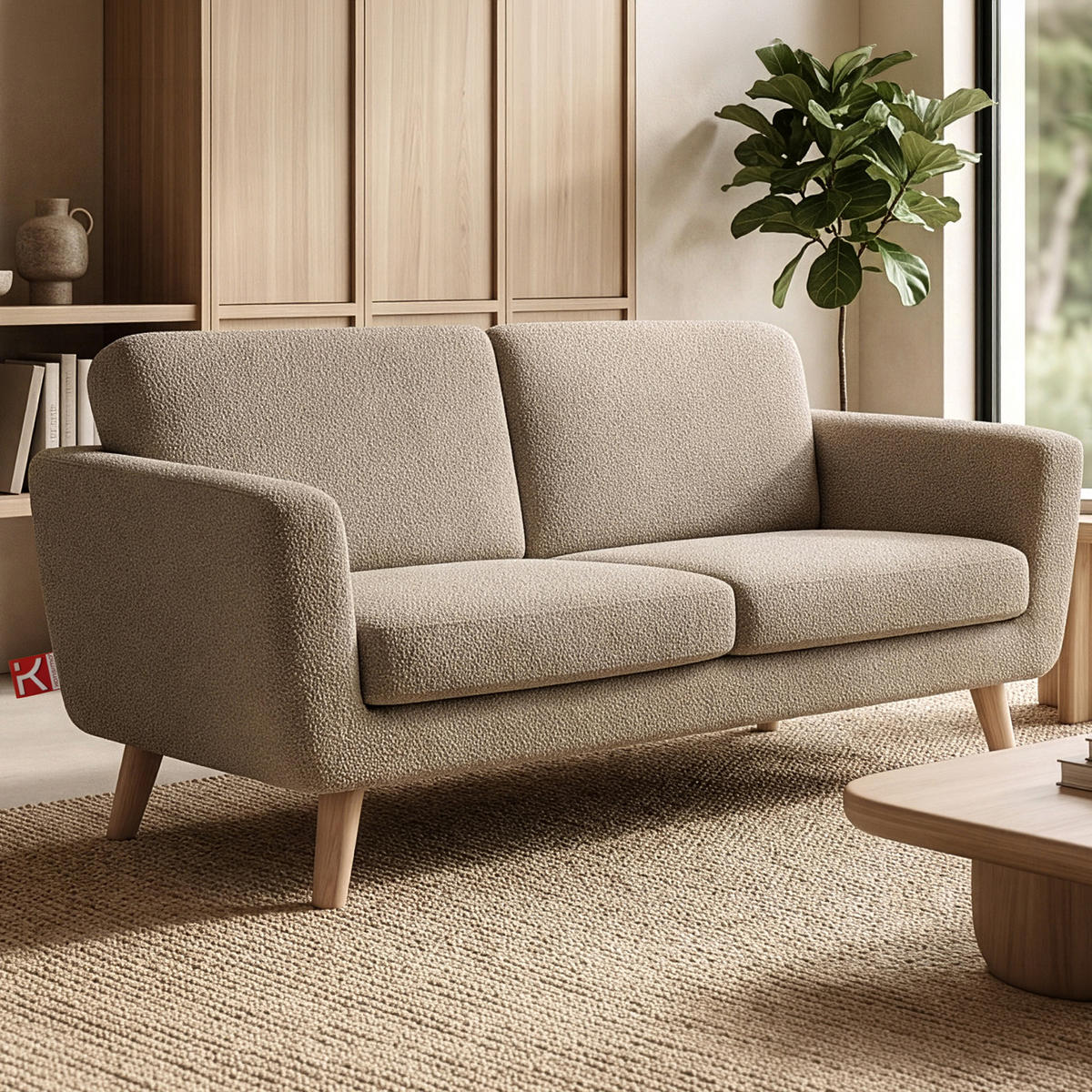 SOFA TAGIO mit Armlehnen, Dunkelbeige - Graubraun/Beige, Buchenholz/Textil (153/80/84cm) - KONSIMO®