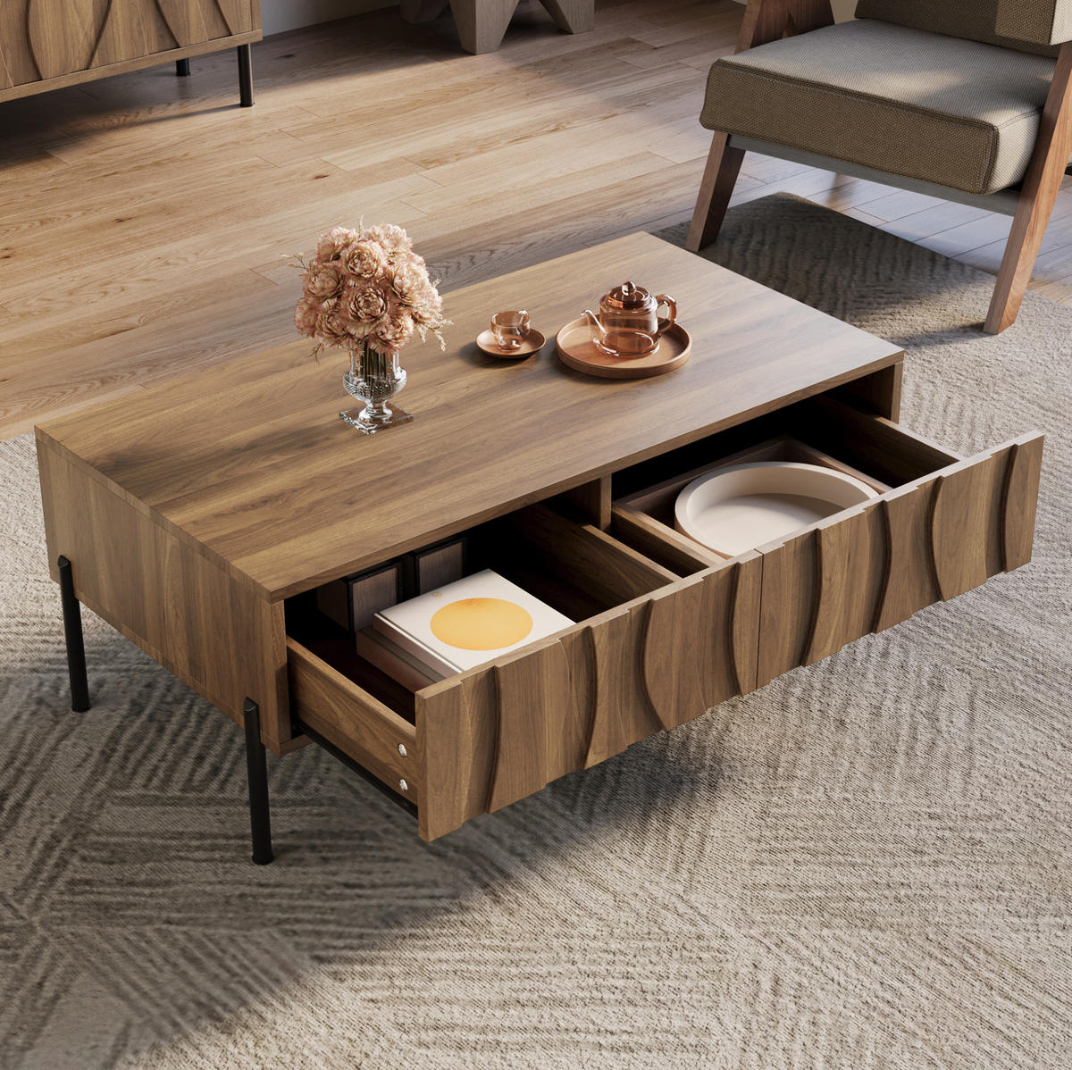 KLUBSKA miza, 105/55/41 cm, MDF in iverna plošča v naravni barvi z 2 predaloma - naravne barve, leseni material (105/55/41cm) - BEAOK